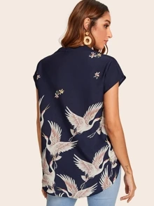 SHEIN V-cut Neck Red-crowned Crane Print High-low Hem Top - Navy Blue - View 2