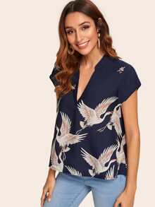 SHEIN V-cut Neck Red-crowned Crane Print High-low Hem Top - Navy Blue - View 3