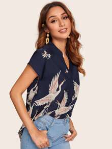 SHEIN V-cut Neck Red-crowned Crane Print High-low Hem Top - Navy Blue - View 5