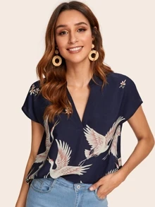 SHEIN V-cut Neck Red-crowned Crane Print High-low Hem Top - Navy Blue - View 1