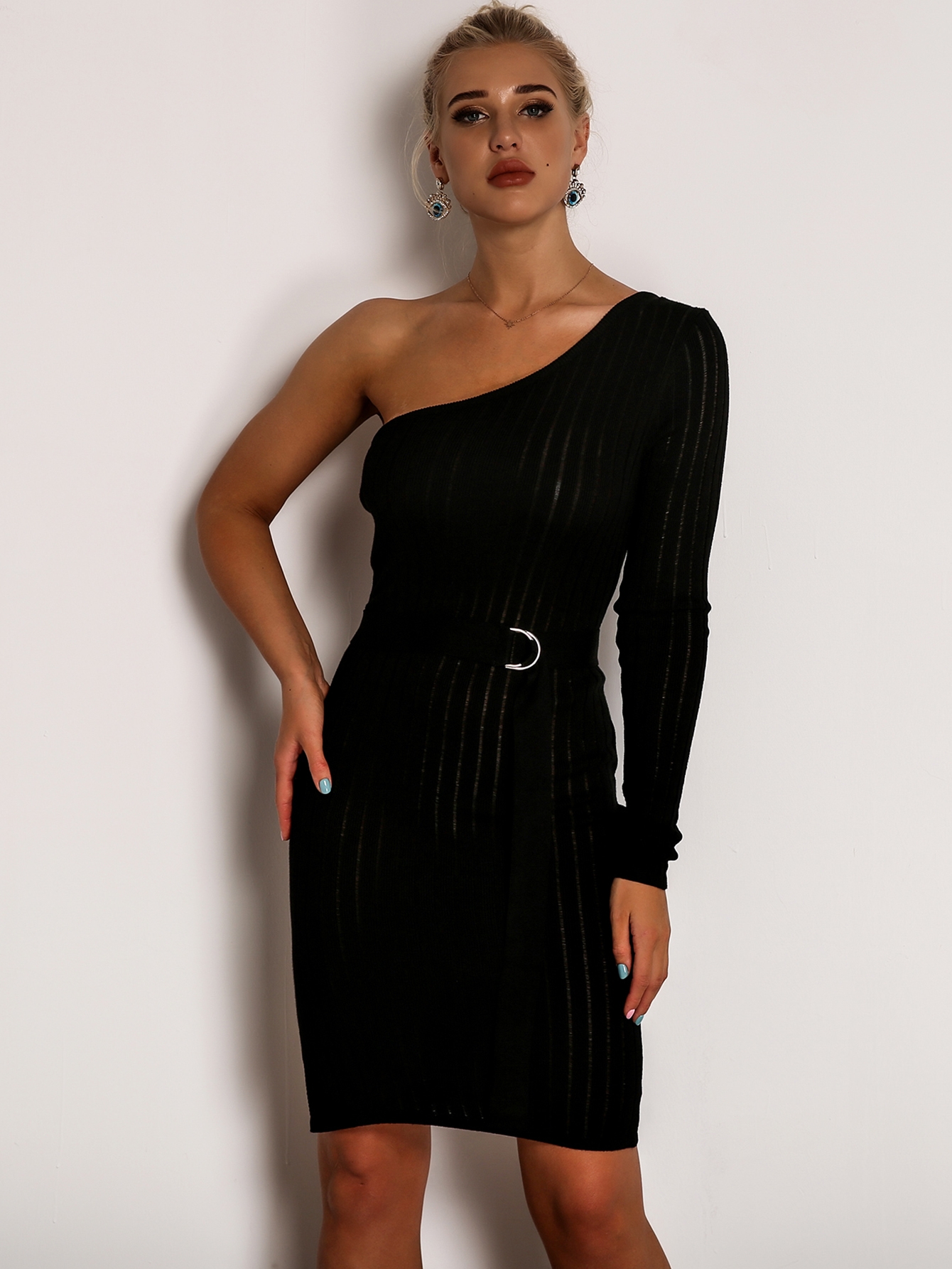 Joyfunear One Shoulder Rib-knit Belted Pencil Dress | SHEIN