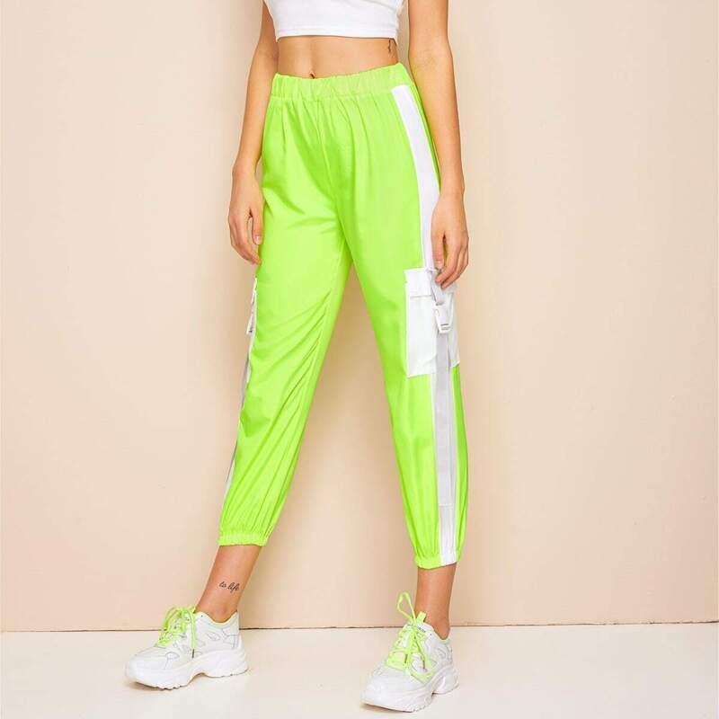 

Neon Lime Elastic Waist Cut And Sew Dual Pocket Pants, Green bright