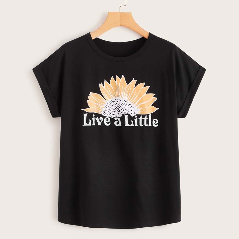 

Letter & Flower Print Tee, Black