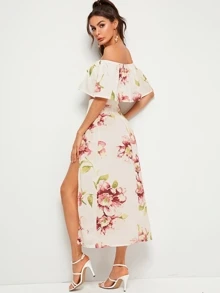 Floral Print Off-the-Shoulder Top & Slit Maxi Skirt - Beige - View 3