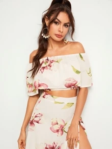 Floral Print Off-the-Shoulder Top & Slit Maxi Skirt - Beige - View 4
