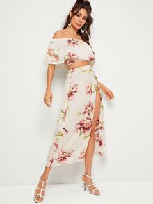Floral Print Off-the-Shoulder Top & Slit Maxi Skirt - Beige - View 5