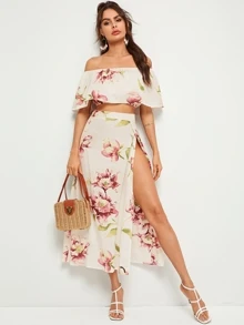 Floral Print Off-the-Shoulder Top & Slit Maxi Skirt - Beige - View 2