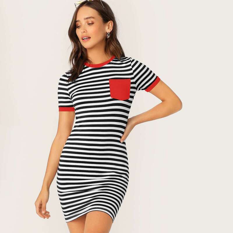 

Pocket Patched Striped Ringer Tee Dress, Multicolor