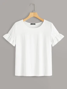 SHEIN LUNE Flounce Sleeve Solid Top - White - View 1