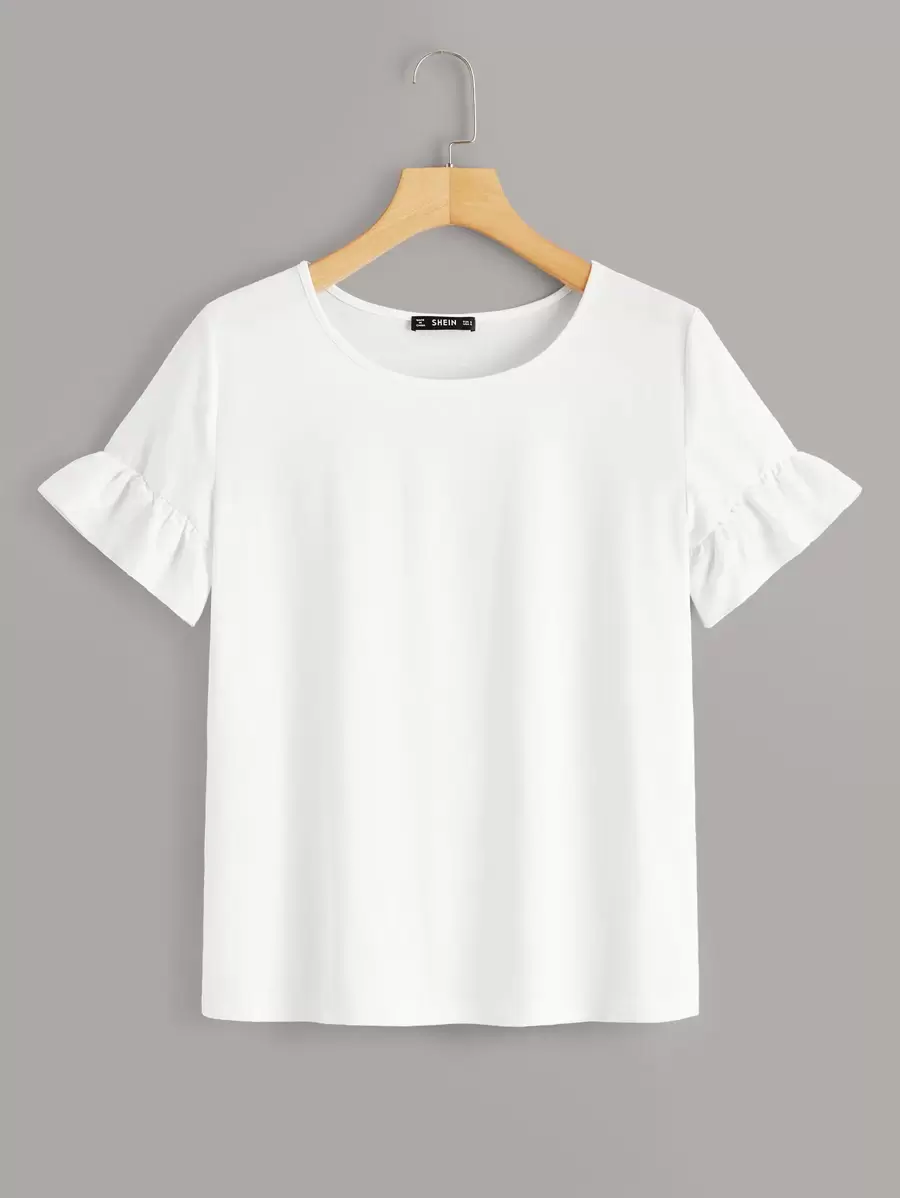 SHEIN LUNE Flounce Sleeve Solid Top - White - View 1