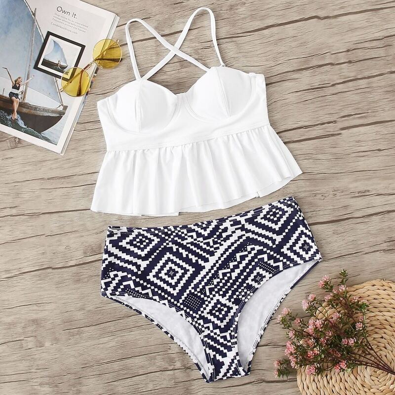 

Ruffle Hem Criss Cross Top With High Waist Bikini, Multicolor