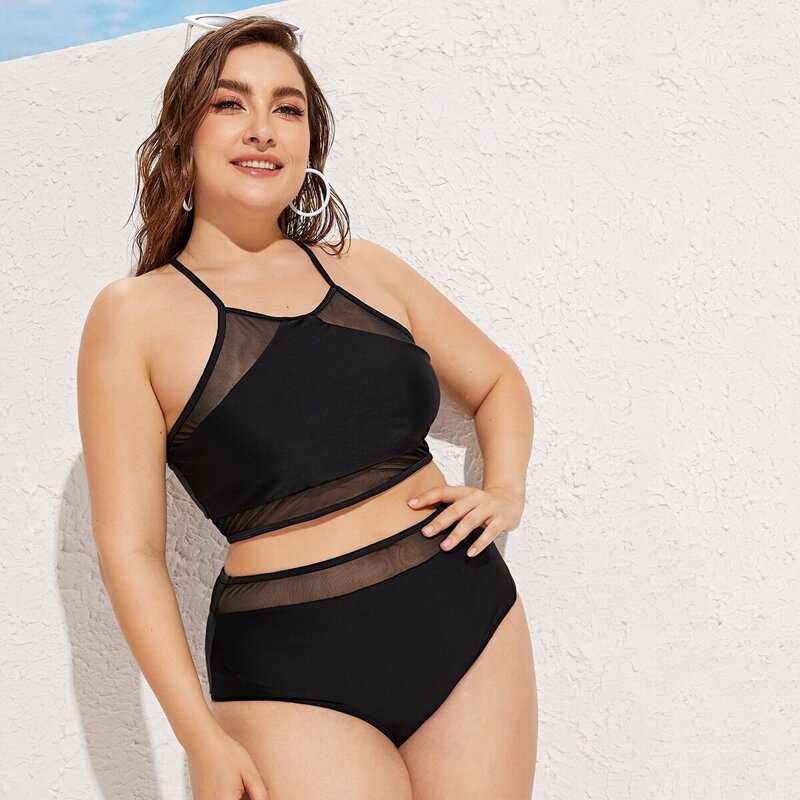

Plus Contrast Mesh Bikini Set, Black