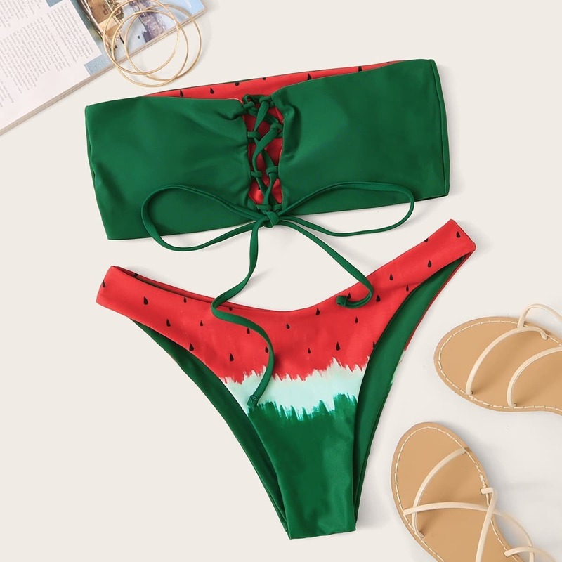 

Lace Up Watermelon Print Bikini Set, Multicolor