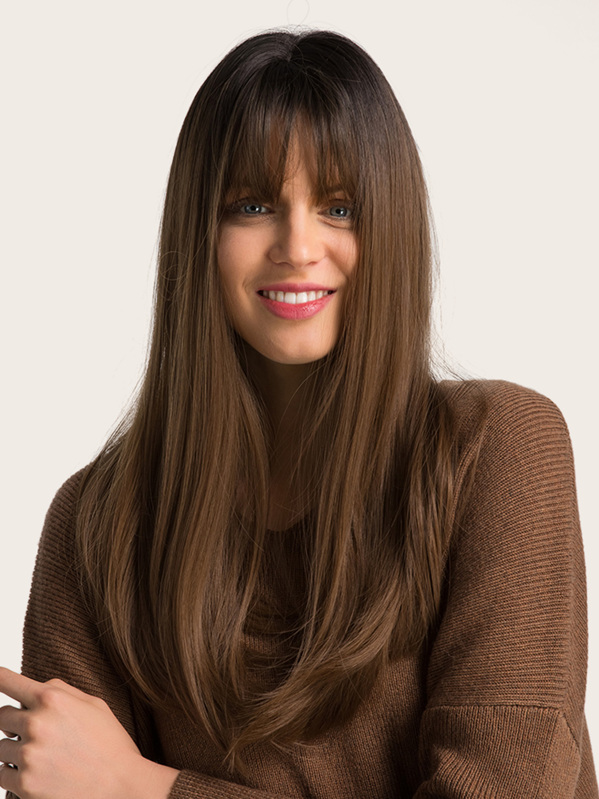 HAIRCUBE 20 Inch Brown Air Fringe Medium Long Straight Hair Ethereal Beautiful Stylish Synthetic