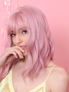 HAIRCUBE 14" Women Short Wavy Curly Wig Light Pink Wig For Cosplay Synthetic Wigs With Bangs Wig Cute Lovely Wigs - Pink - View 4