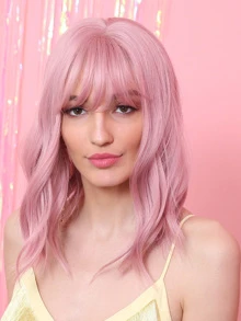 HAIRCUBE 14" Women Short Wavy Curly Wig Light Pink Wig For Cosplay Synthetic Wigs With Bangs Wig Cute Lovely Wigs - Pink - View 2