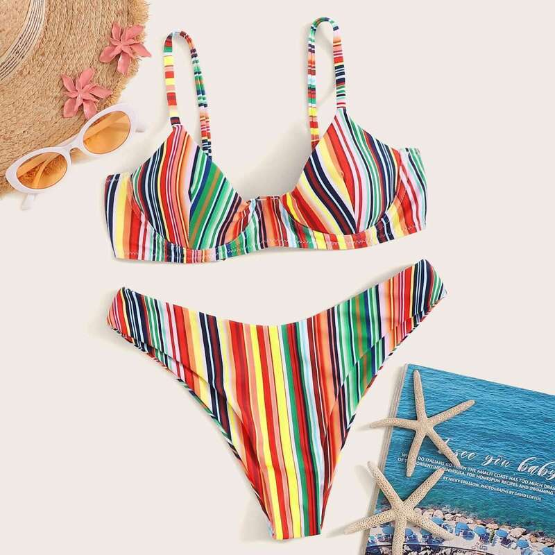 

Striped Spaghetti Strap Top With High Neck Bikini Set, Multicolor