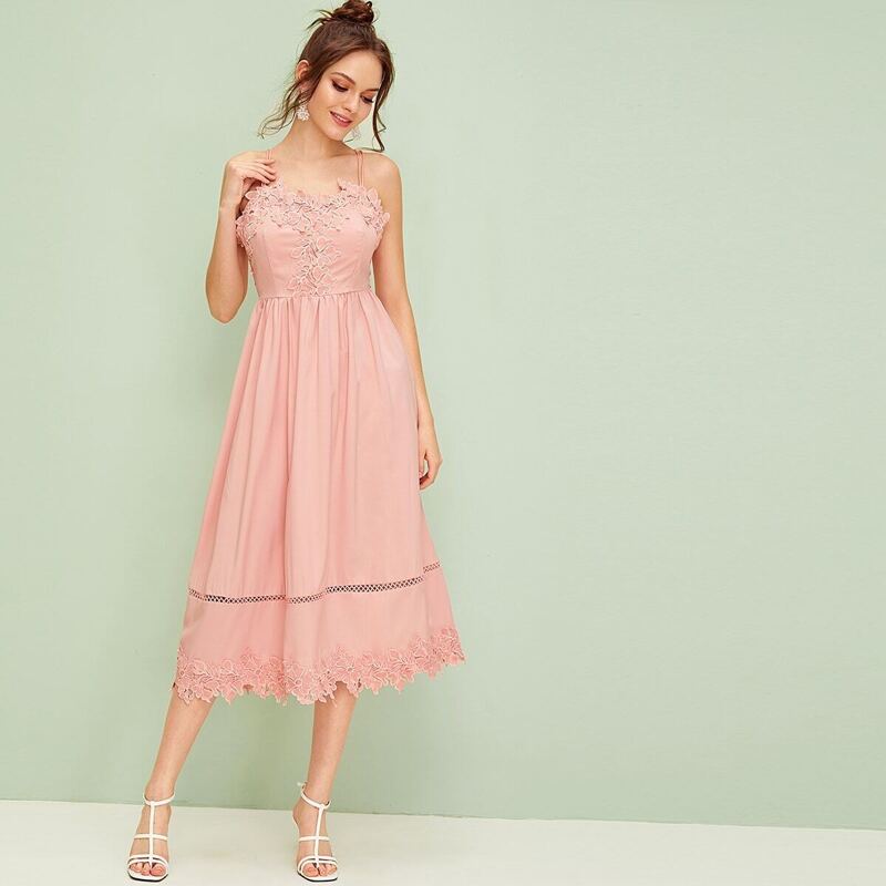 

Floral Appliques Criss Cross Backless Cami Dress, Pink
