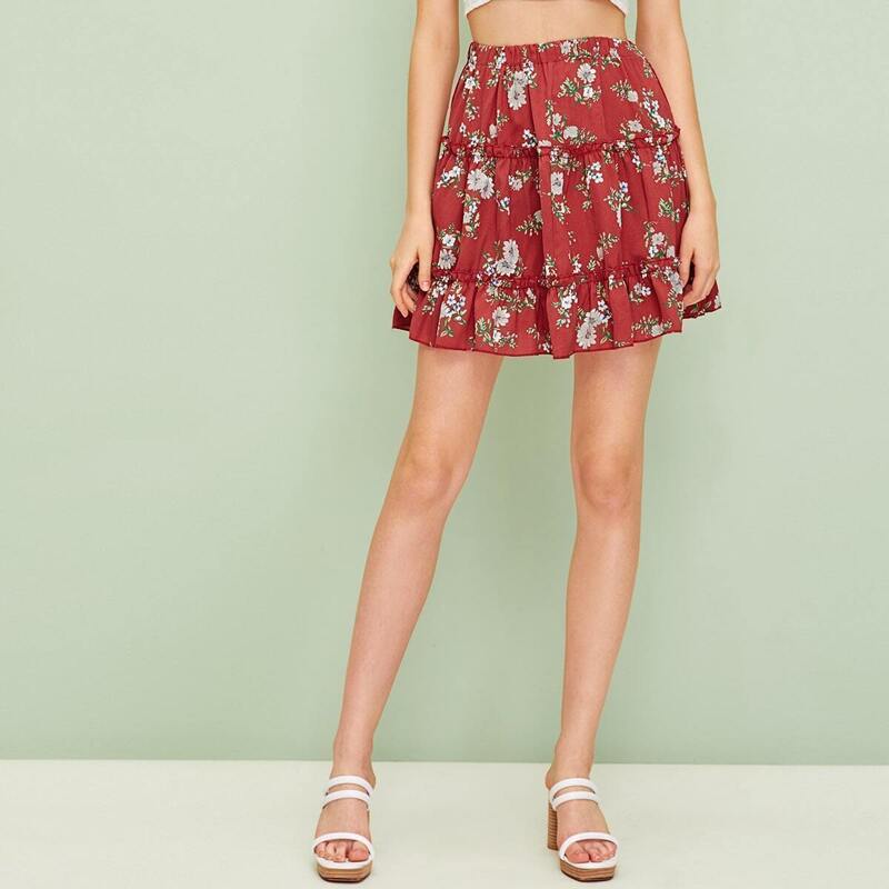 

Elastic Waist Ditsy Floral Ruffle Hem Skirt, Red