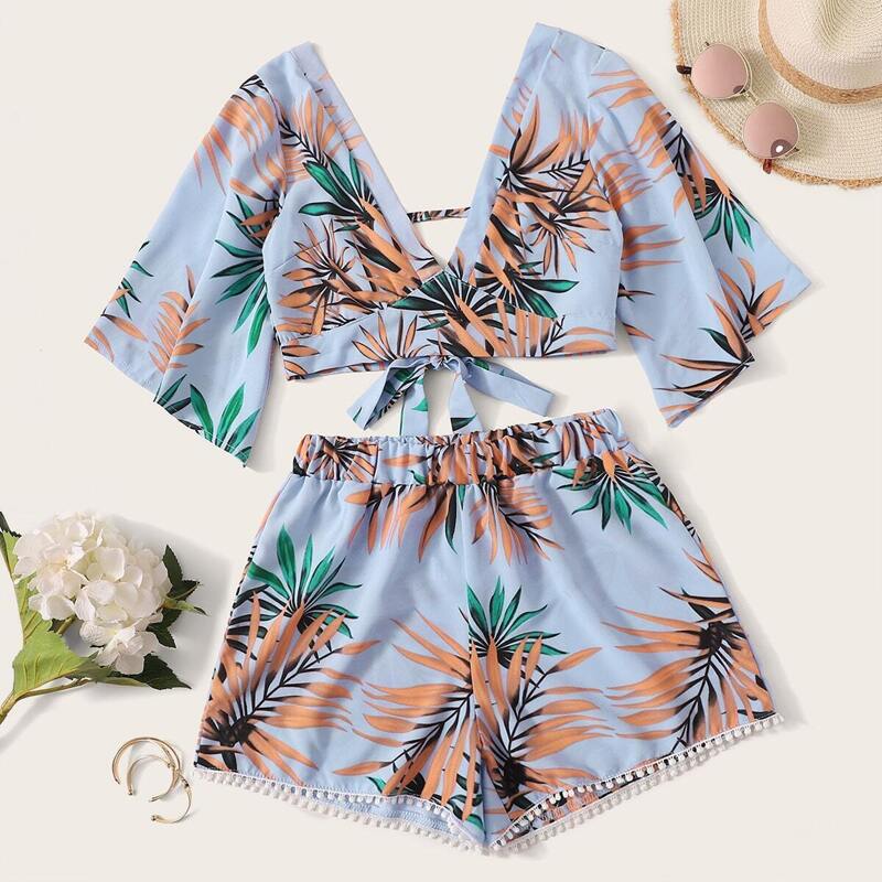 

Tropical Tie Back Top & Pompom Trim Shorts, Multicolor