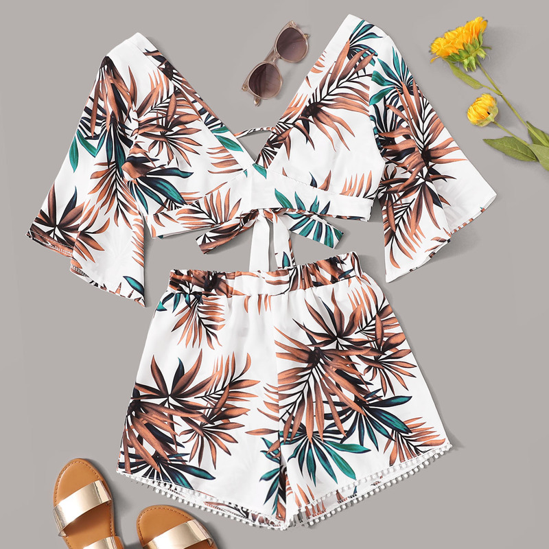 

Tropical Tie Back Top & Pompom Trim Shorts, Multicolor