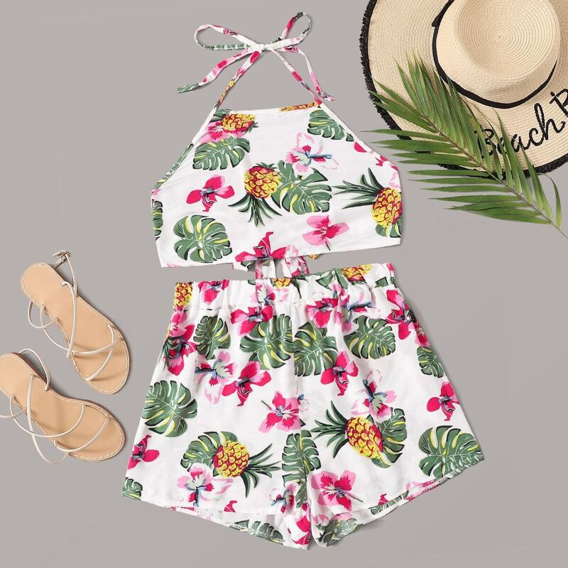 

Pineapple & Floral Print Tie Back Halter Top With Shorts, Multicolor