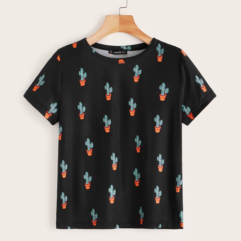 

Allover Cactu Print Top, Black