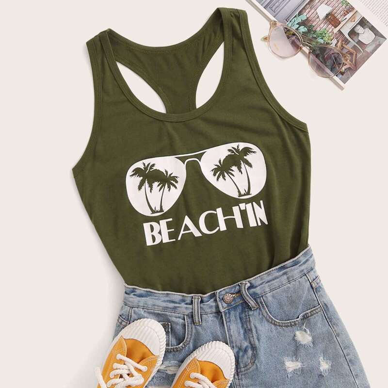 

Letter & Coconut Tree Print Tank Top, Army green
