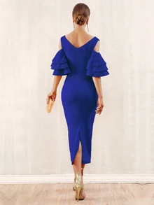 Cold Shoulder Layered Sleeve Pencil Dress - Blue - View 2