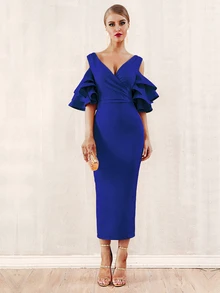 Cold Shoulder Layered Sleeve Pencil Dress - Blue - View 3