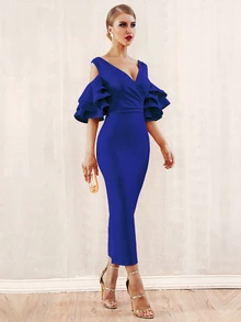 Cold Shoulder Layered Sleeve Pencil Dress - Blue - View 4