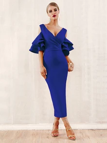 Cold Shoulder Layered Sleeve Pencil Dress - Blue - View 5
