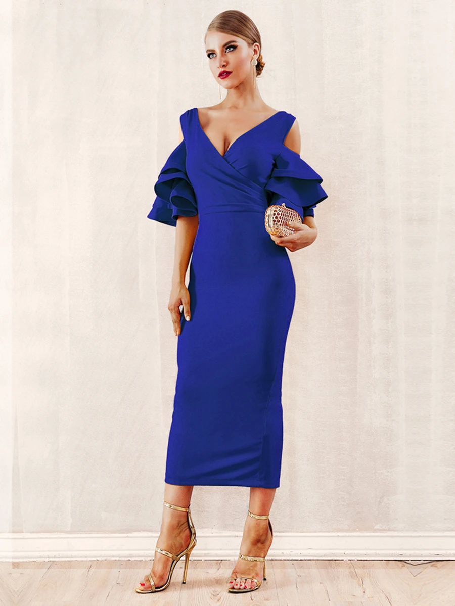 Cold Shoulder Layered Sleeve Pencil Dress - Blue - View 1