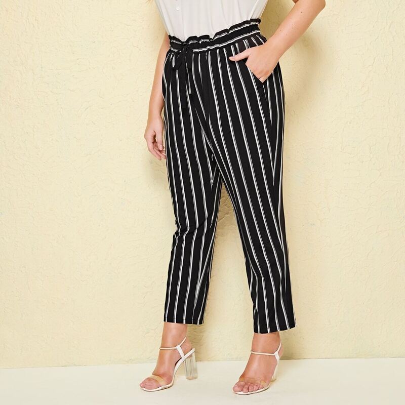 

Plus Paperbag Waist Striped Pants, Black