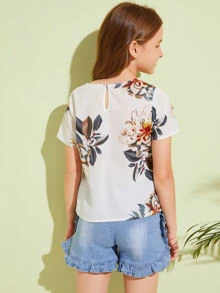 SHEIN Girls Tie Front Floral Print Top - White - View 2