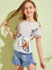 SHEIN Girls Tie Front Floral Print Top - White - View 4