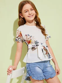 SHEIN Girls Tie Front Floral Print Top - White - View 1