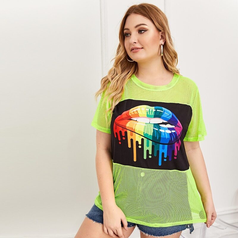 

Plus Contrast Panel Lip Print Mesh Tee, Green bright