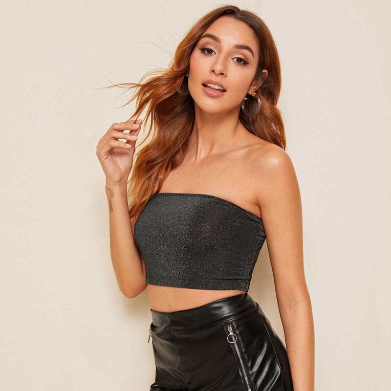 

Form Fitted Glitter Bandeau Top, Black