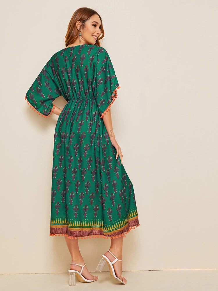 Grön Pom Pom Stam Boho Klänningar | SHEIN SE Klänning med pompom dekorationer | SHEIN SE