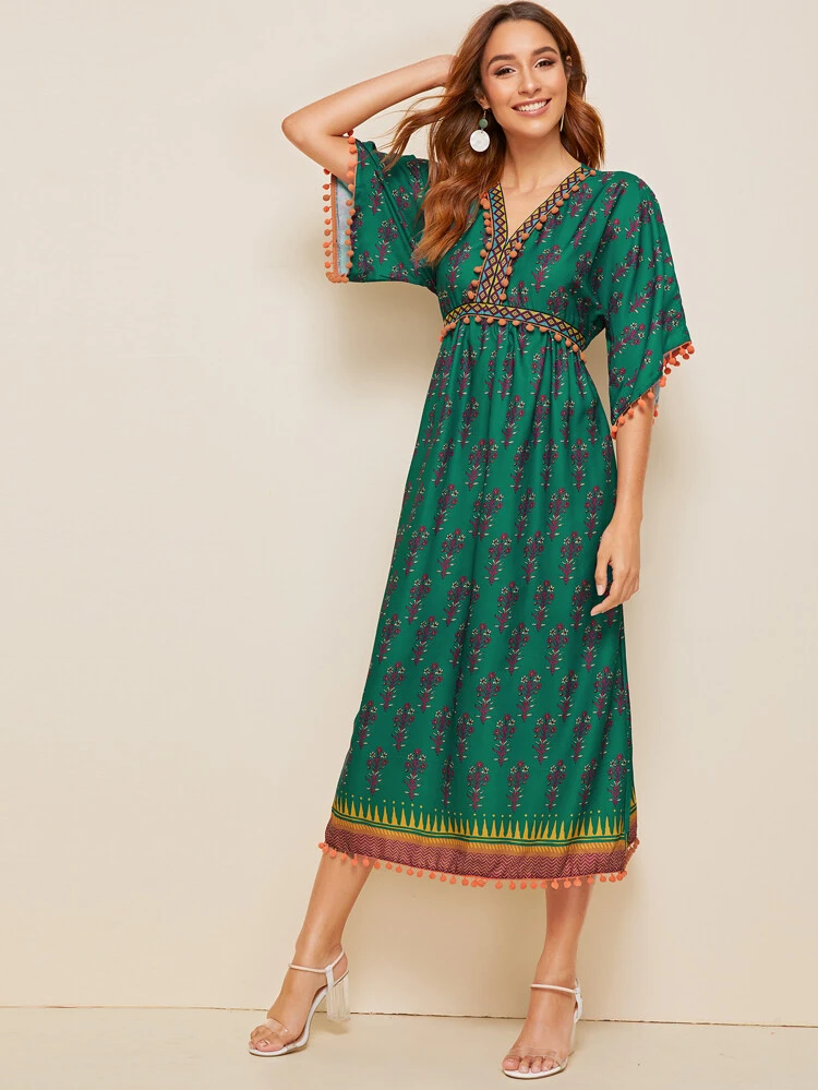Grön Pom Pom Stam Boho Klänningar | SHEIN SE Klänning med pompom dekorationer | SHEIN SE