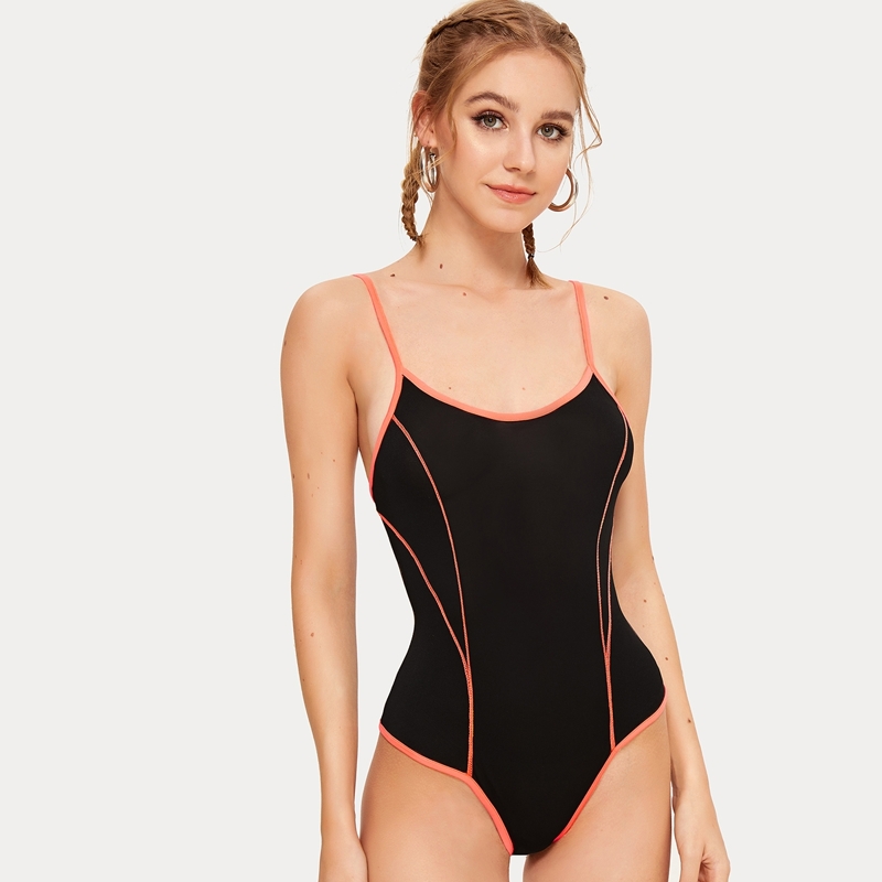 

Contrast Binding Skinny Cami Bodysuit, Black