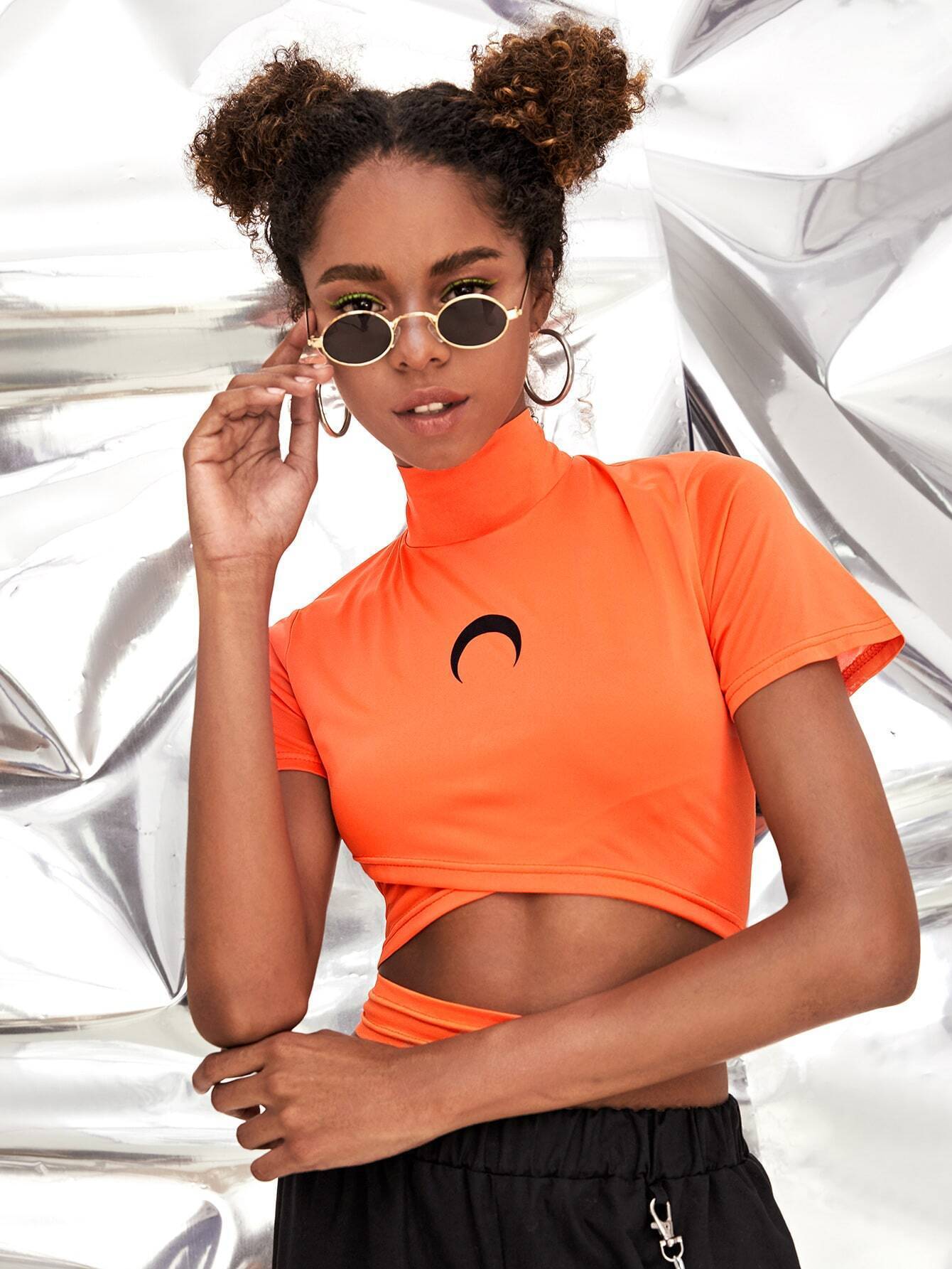 neon orange moon print cut out high neck tee | romwe