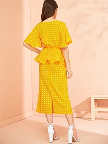 Polka Dot Knot Front Blouse & Skirt Set - Yellow - View 2