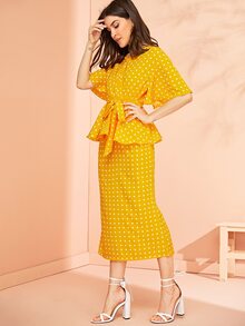 Polka Dot Knot Front Blouse & Skirt Set - Yellow - View 3
