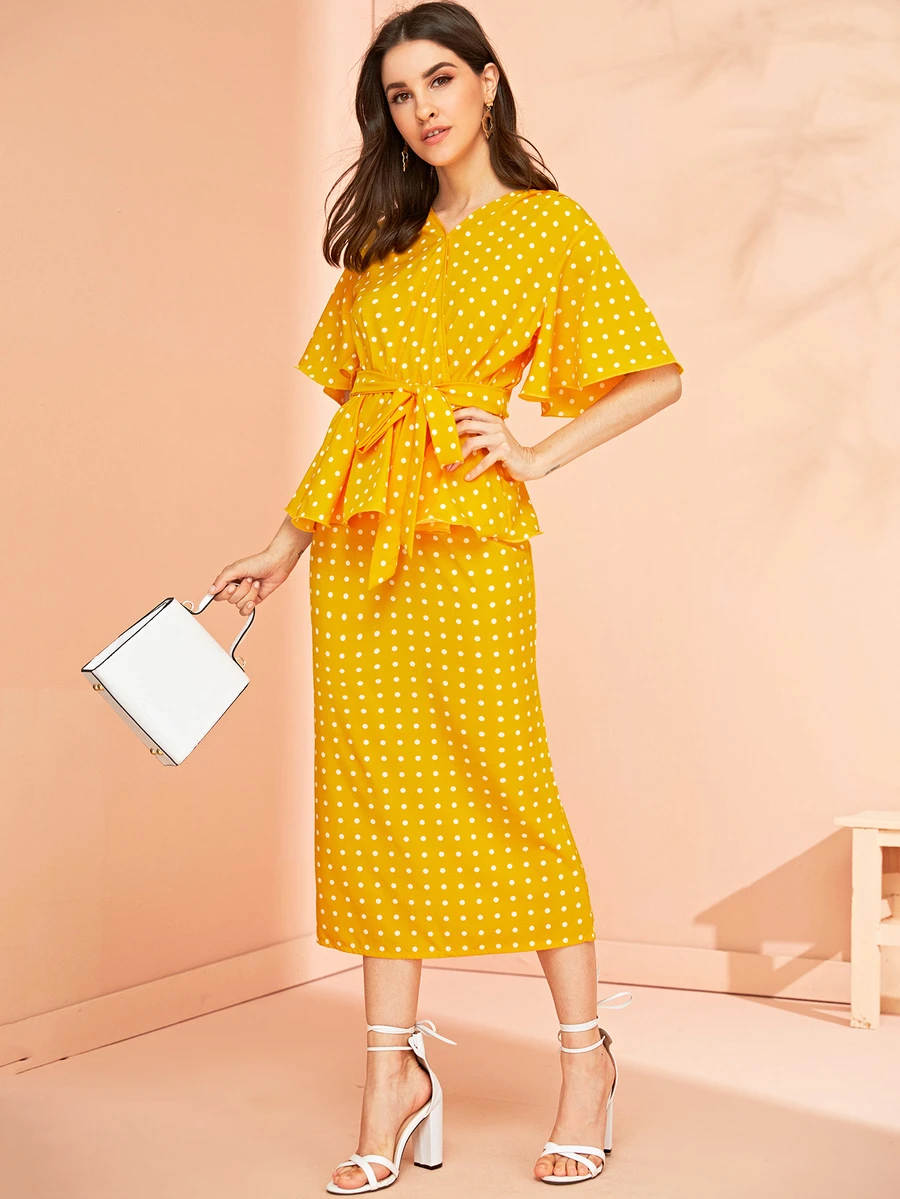 Polka Dot Knot Front Blouse & Skirt Set - Yellow - View 1