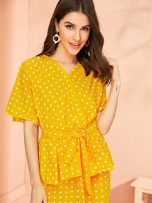 Polka Dot Knot Front Blouse & Skirt Set - Yellow - View 4