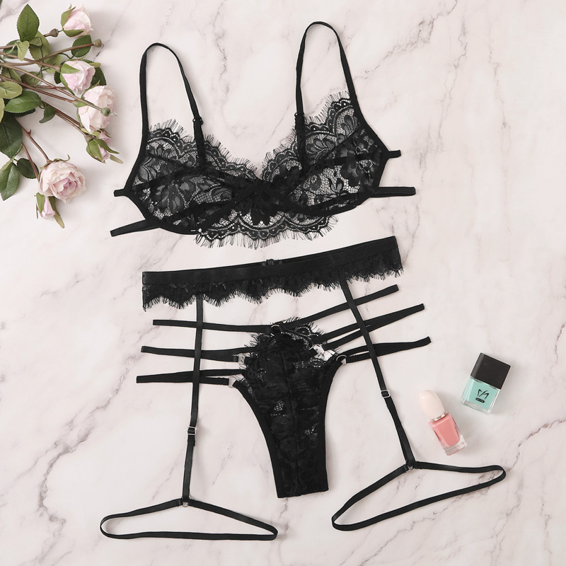 

Floral Lace Garter Lingerie Set, Black