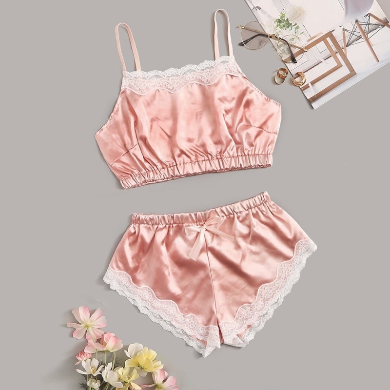

Floral Lace Satin Lingerie Set, Pink