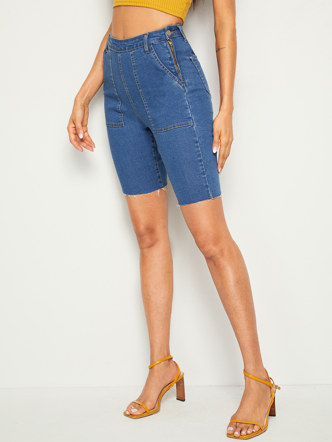 button & zip side skinny denim bermuda shorts